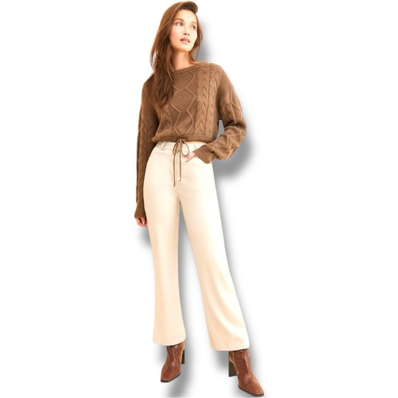 Vigoss Brown Cable Knit Front Tie Long Sleeve Cropped Crew Neck Sweater - Picture 4 of 16